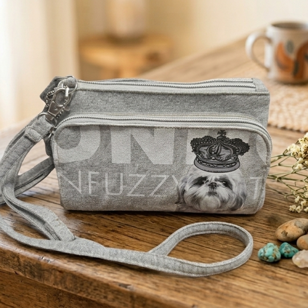 Fuzzy Nation Shih Tzu Dog Crown Grey Knit Triple Zip Crossbody Bag